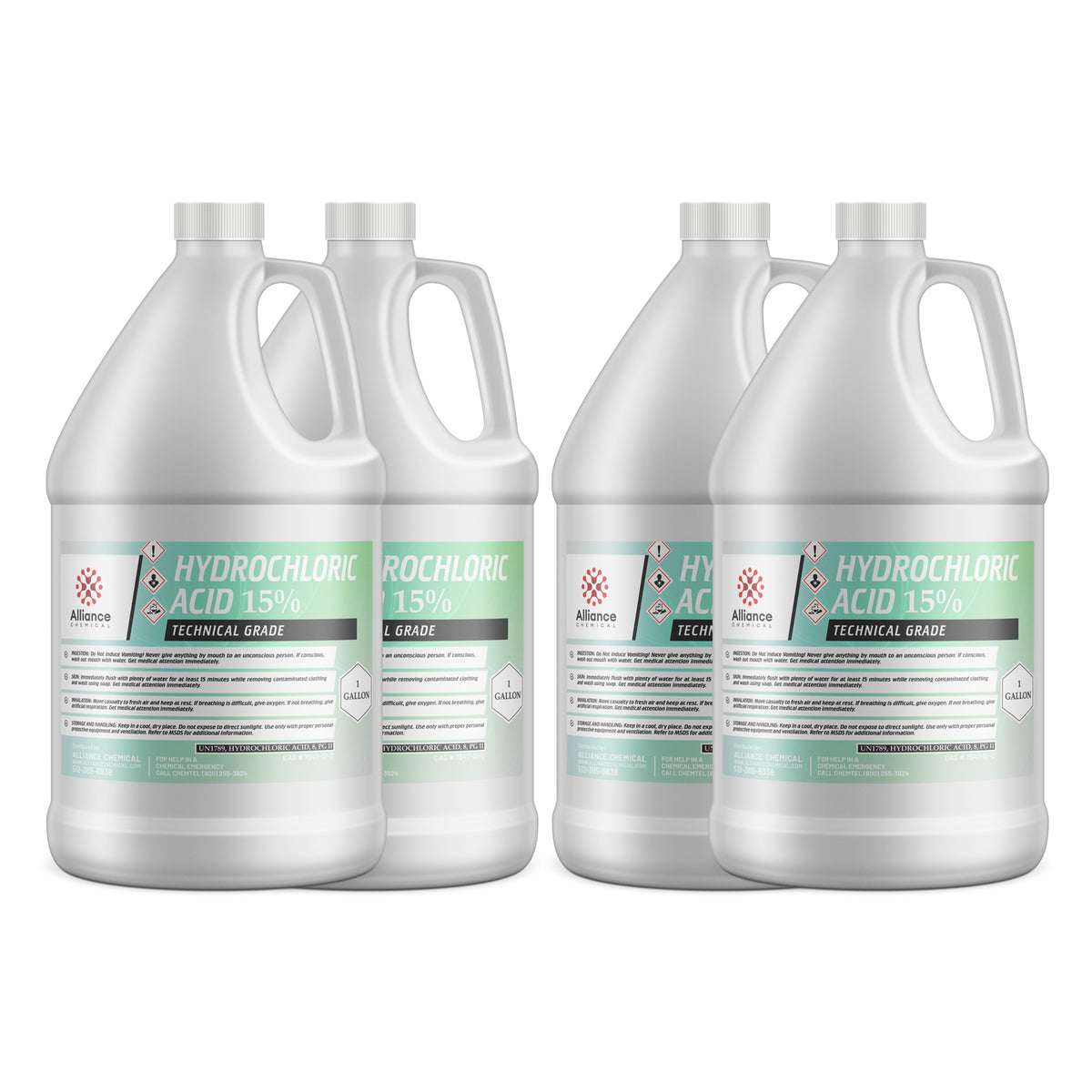 4-gallon industrial hydrochloric acid 15% technical grade in HDPE jugs, Alliance Chemical branding