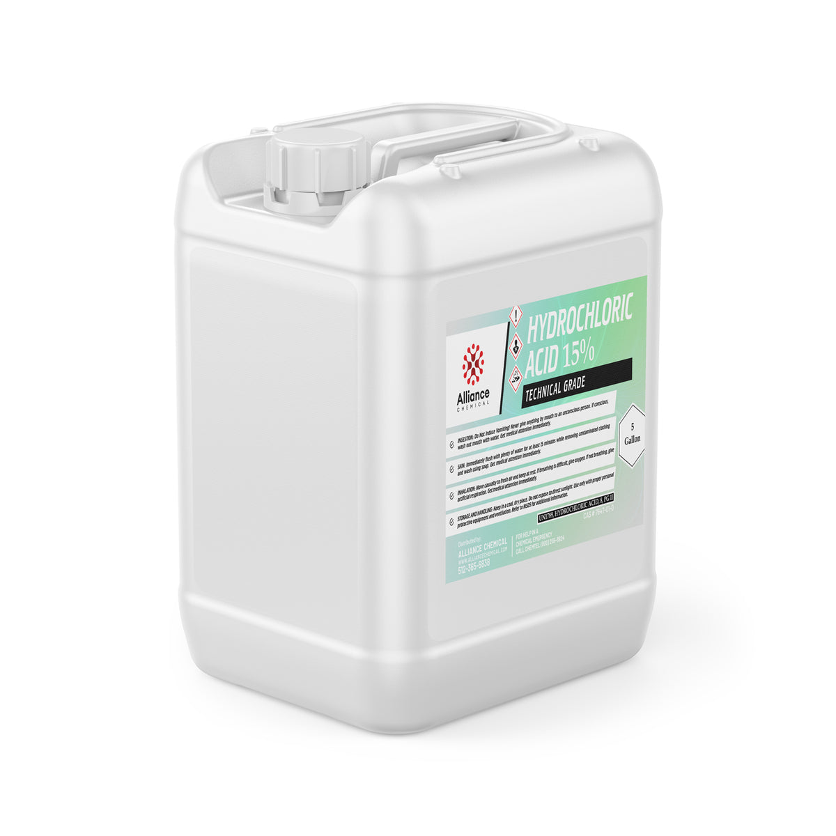 5-gallon HDPE container of 15% technical-grade hydrochloric acid, Alliance Chemical branding, and mint-green label panel