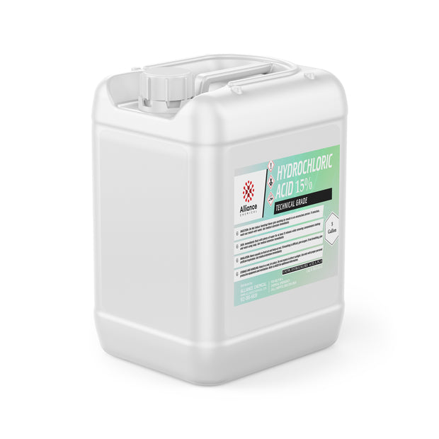 5-gallon HDPE container of 15% technical-grade hydrochloric acid, Alliance Chemical branding, and mint-green label panel