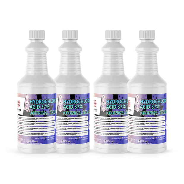 Four 1-quart plastic bottles of Alliance Chemical Hydrochloric Acid 37% Technical Grade with white caps and labels.