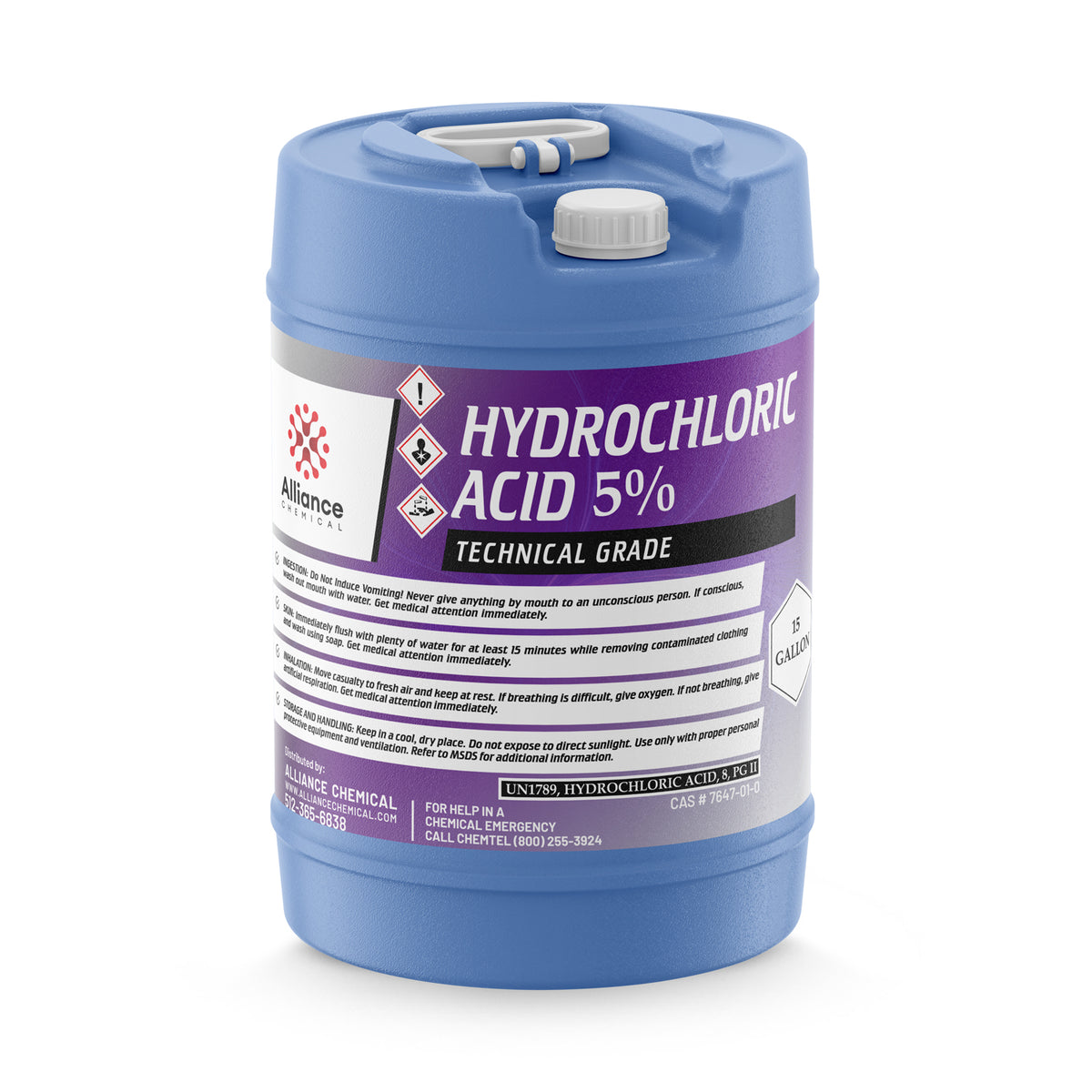15-gallon HDPE drum of 5% Hydrochloric Acid Technical Grade safety instructions, and Alliance Chemical branding