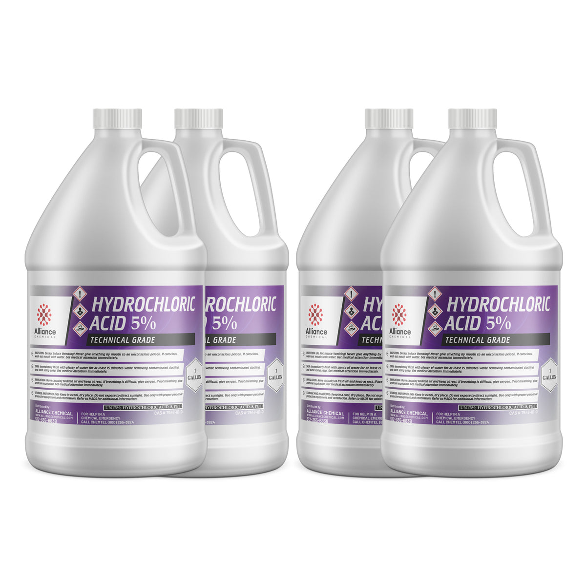 4x1-gallon HDPE jugs of 5% Hydrochloric Acid technical grade, purple-labeled with Alliance Chemical branded