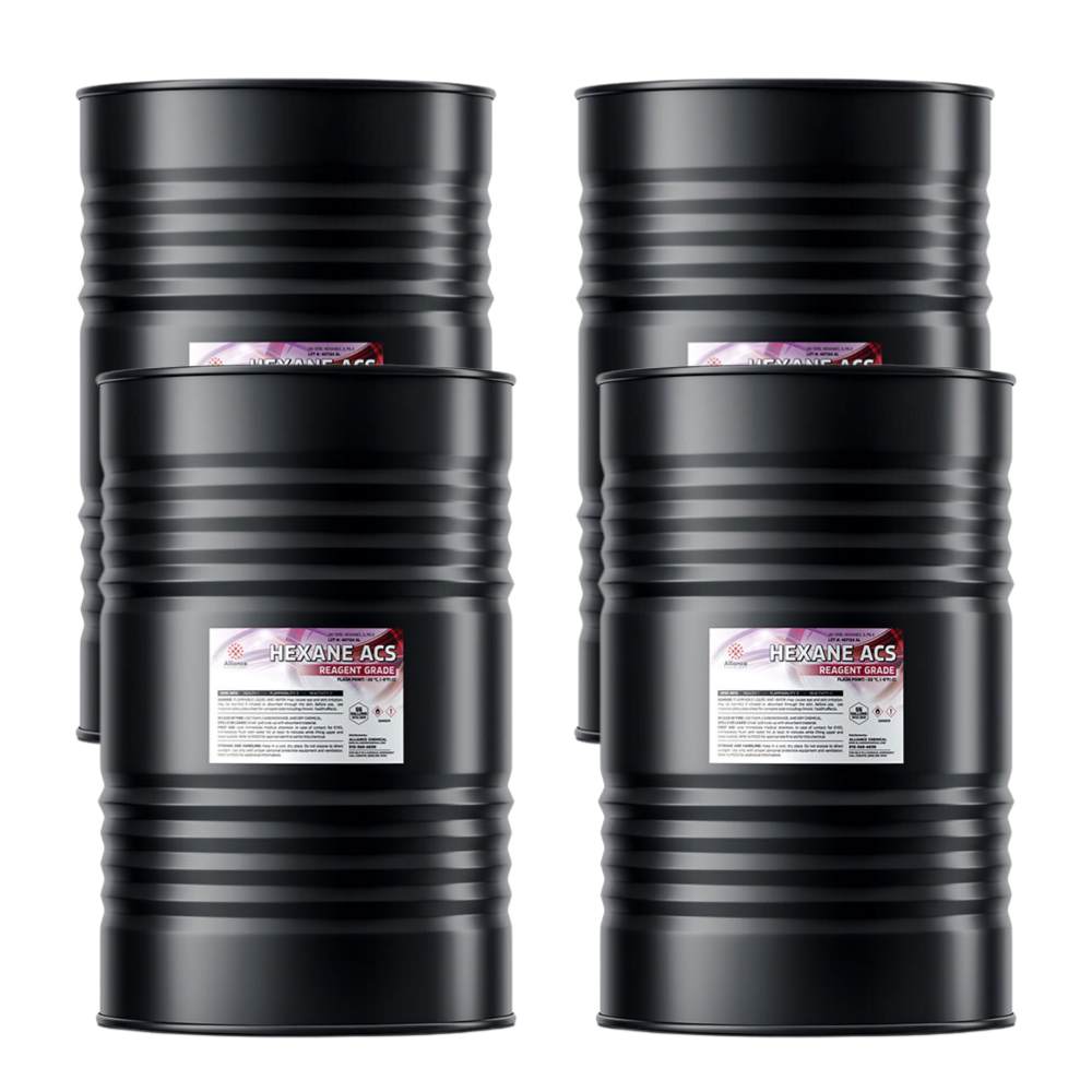 Four steel 55-gallon drums of Alliance Chemical Hexane ACS Reagent Grade with labels and ribbed exteriors.