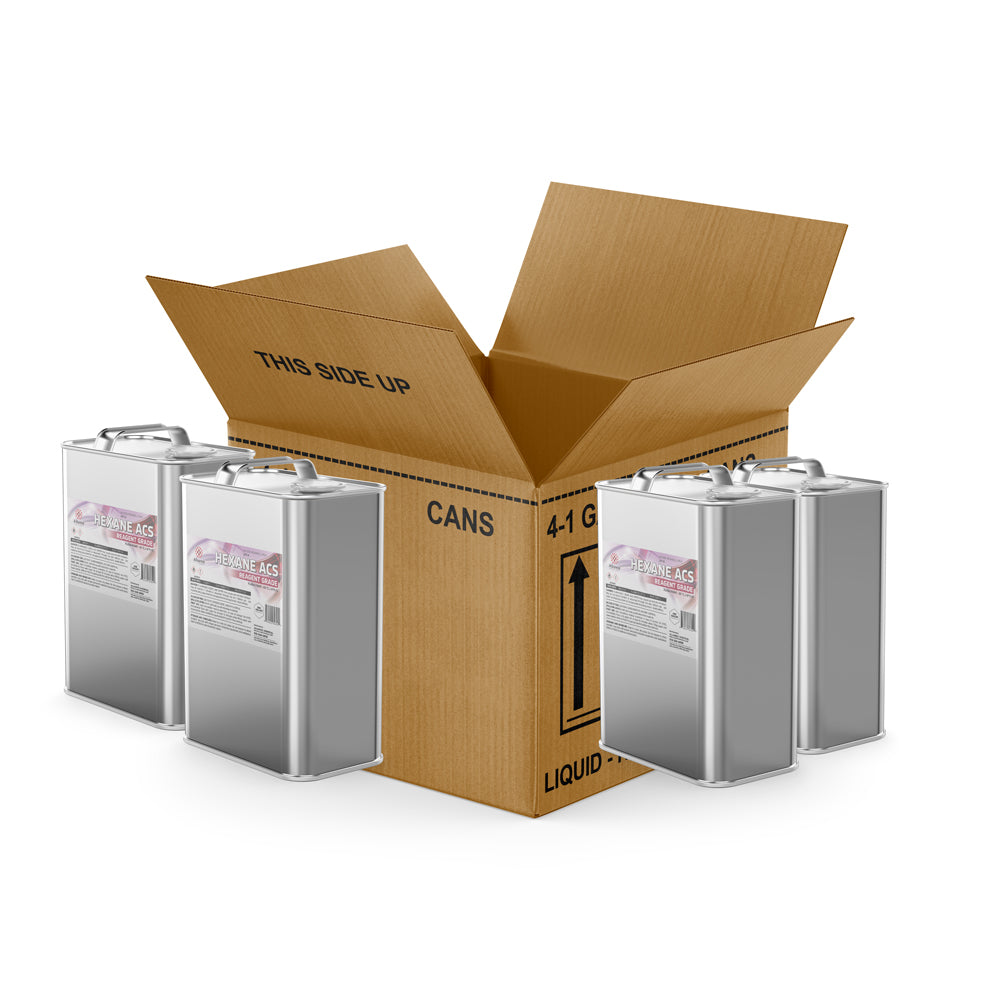 Four 1-gallon steel jugs of Alliance Chemical Hexane ACS Reagent Grade with labels in a cardboard box.
