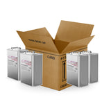 Four 1-gallon steel jugs of Alliance Chemical Hexane ACS Reagent Grade with labels in a cardboard box.