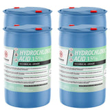 Two 55-gallon blue plastic drums of Alliance Chemical Hydrochloric Acid 15% Technical Grade with red caps and safety labels.