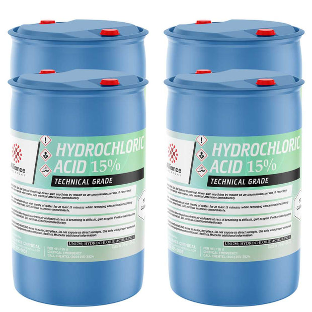 Two 55-gallon blue plastic drums of Alliance Chemical Hydrochloric Acid 15% Technical Grade with red caps and safety labels.