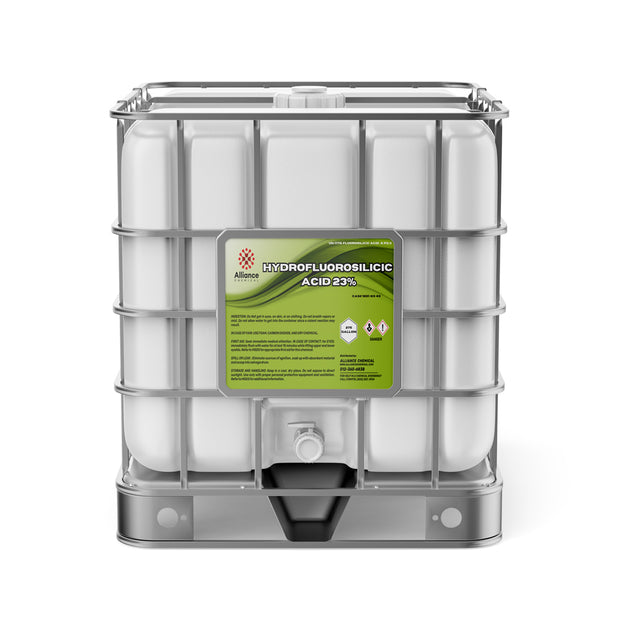275-gallon IBC tote of Hydrofluorosilicic Acid 23% (HFS) with corrosive/toxic warning symbols, Alliance Chemical branding