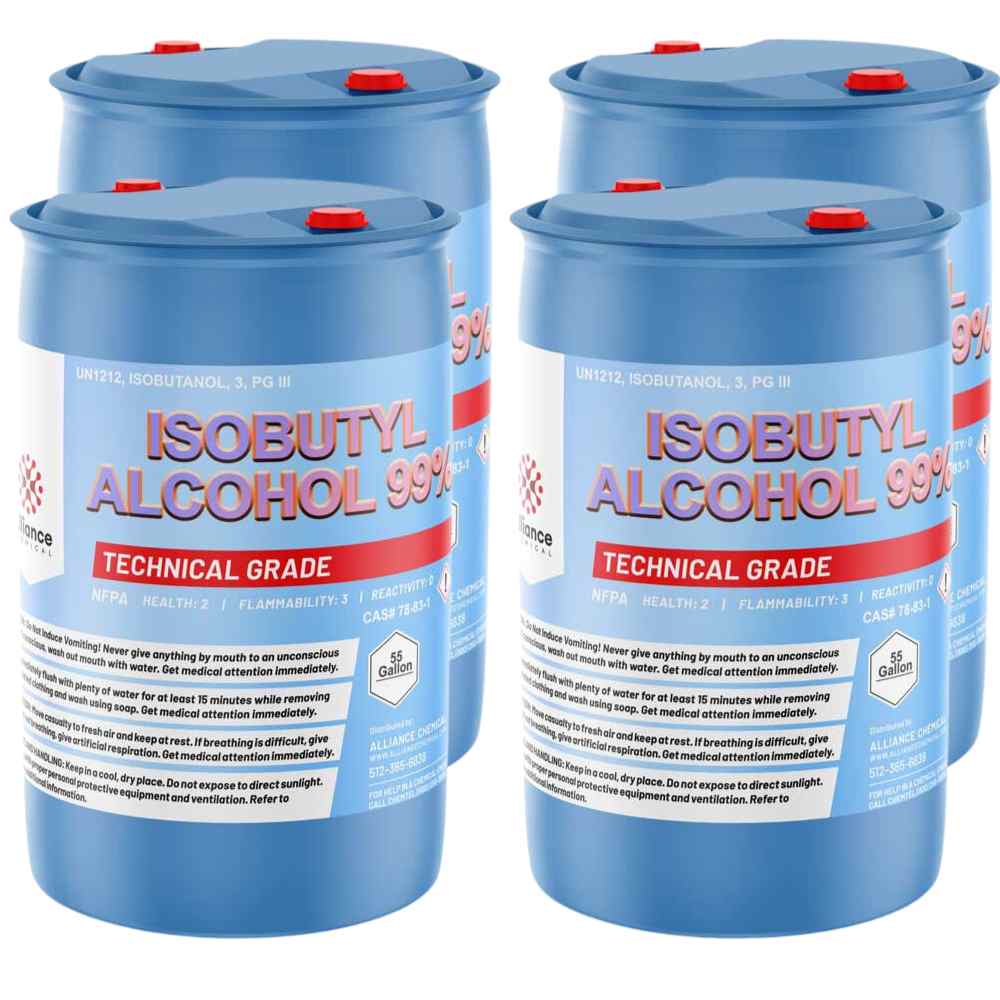 Four 55-gallon blue plastic drums of Alliance Chemical Isobutyl Alcohol 99% with red caps and product labels.