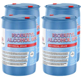 Four 55-gallon blue plastic drums of Alliance Chemical Isobutyl Alcohol 99% with red caps and product labels.