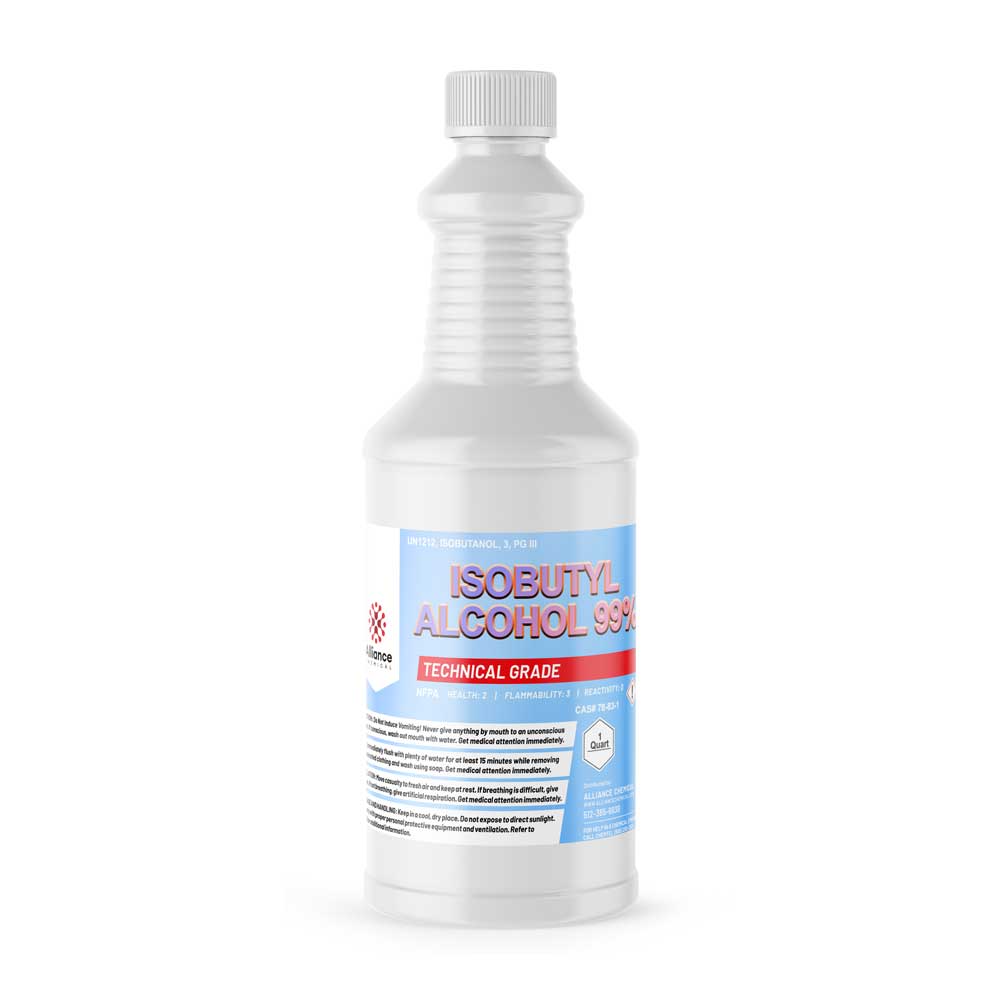 One 1-quart bottle of Alliance Chemical Isobutyl Alcohol 99% with a ribbed neck and a white screw cap.