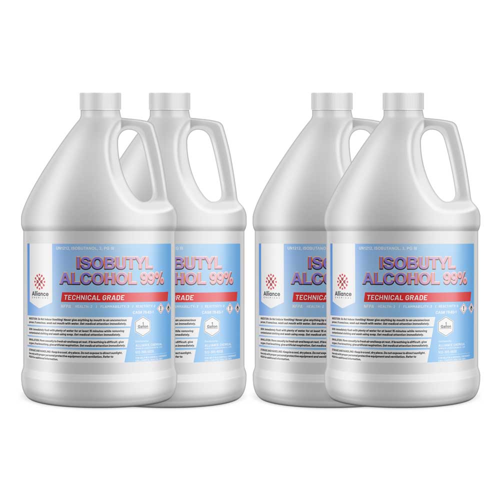4-gallon case (4x1-gallon) of 99% Isobutyl Alcohol technical grade in HDPE jugs, Alliance Chemical brand, GHS symbols