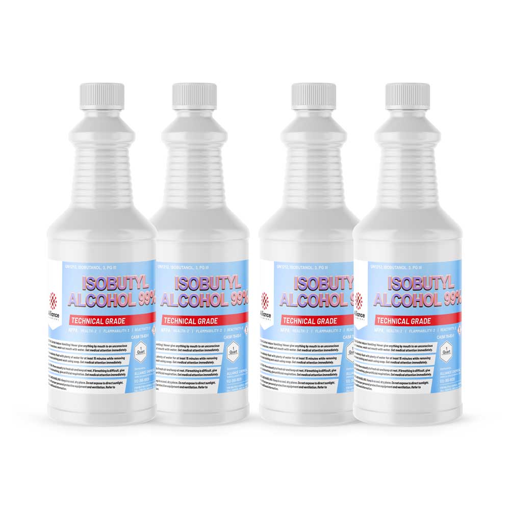 Four 1-quart plastic bottles of Alliance Chemical Isobutyl Alcohol 99% with white screw caps and product label.