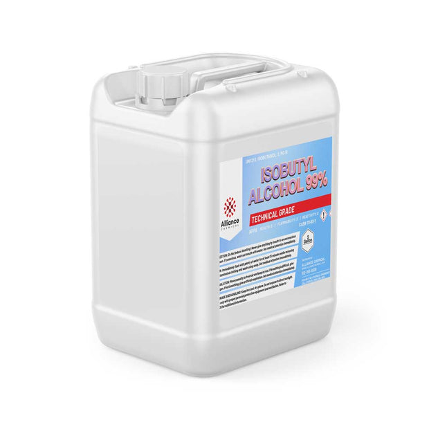 5-gallon HDPE container of Alliance Chemical technical-grade Isobutyl Alcohol 99% hazard warning symbols, and secure