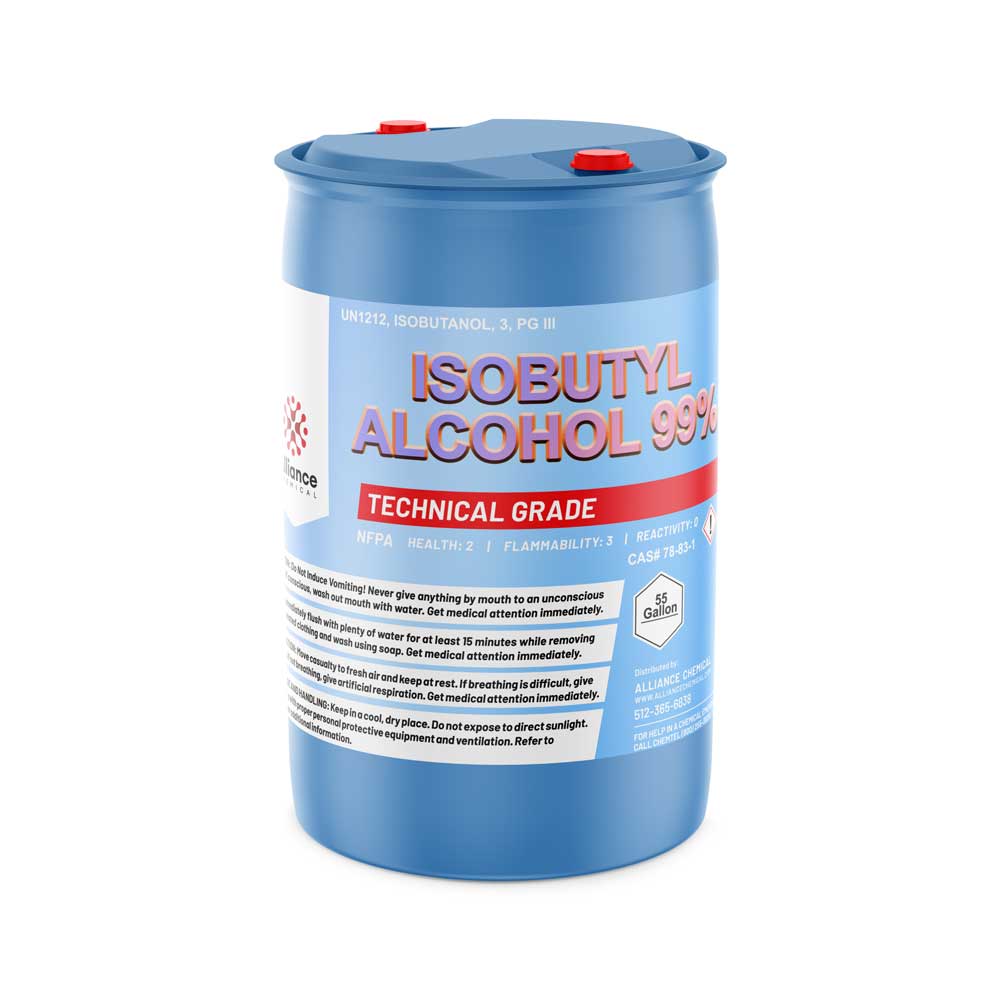 One 55-gallon blue plastic drum of Alliance Chemical Isobutyl Alcohol 99% with red caps and product label