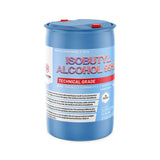 One 55-gallon blue plastic drum of Alliance Chemical Isobutyl Alcohol 99% with red caps and product label