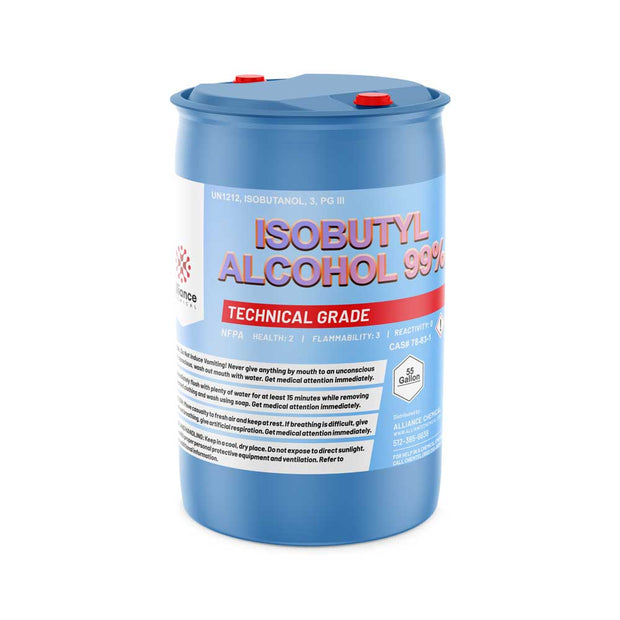 One 55-gallon blue plastic drum of Alliance Chemical Isobutyl Alcohol 99% with red caps and product label