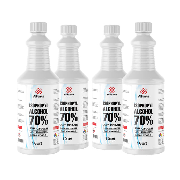 1-quart bottles of Alliance Chemical 70% USP-grade isopropyl alcohol in ribbed HDPE containers NFPA diamond warning label