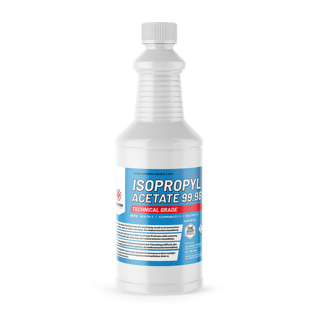 One 1-quart plastic bottle of Alliance Chemical Isopropyl Acetate 99.98% with a ribbed screw cap and product label.