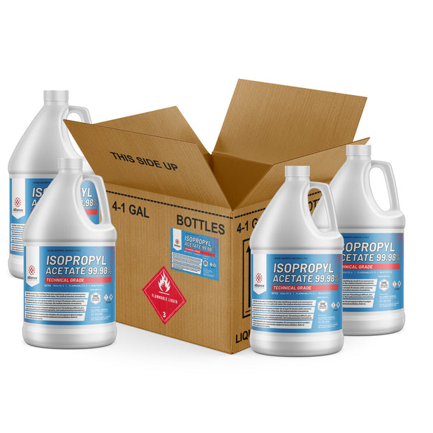 Four 1-gallon HDPE jugs of Alliance Chemical Isopropyl Acetate 99.98% with white screw caps, inside a cardboard box.