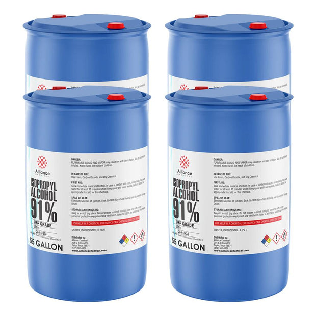 Four 55-gallon Alliance Chemical Isopropyl Alcohol 91% USP Grade blue plastic drums with red caps and product label.