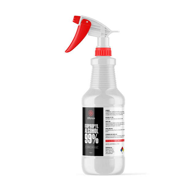 Red trigger spray nozzle shown installed on a 1-quart bottle