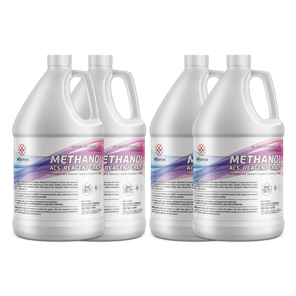 1-gallon HDPE jugs of Alliance Chemical Methanol ACS Reagent Grade, UN1230-classified 4-pack