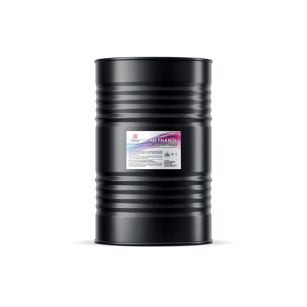 Alliance Chemical 55-gallon black steel drum of ACS reagent-grade methanol with safety labeling, ribbed design, and chemical