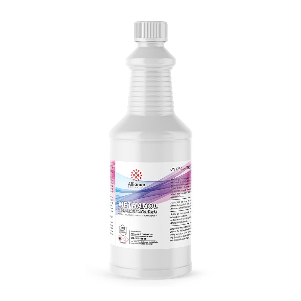 Quart bottle of ACS reagent-grade methanol in ribbed HDPE container Alliance Chemical branding, UN1230 marking