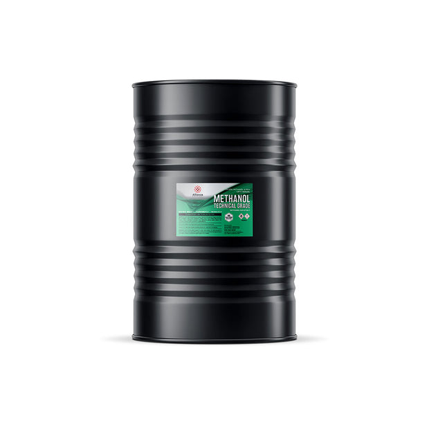 One 55-gallon steel drum of Alliance Chemical Methanol Technical Grade with a product label.
