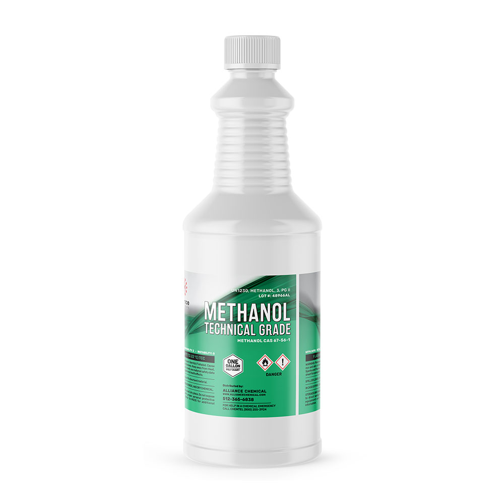 1-quart HDPE bottle of technical-grade methanol flammable/danger symbols, and ribbed safety cap by Alliance Chemical