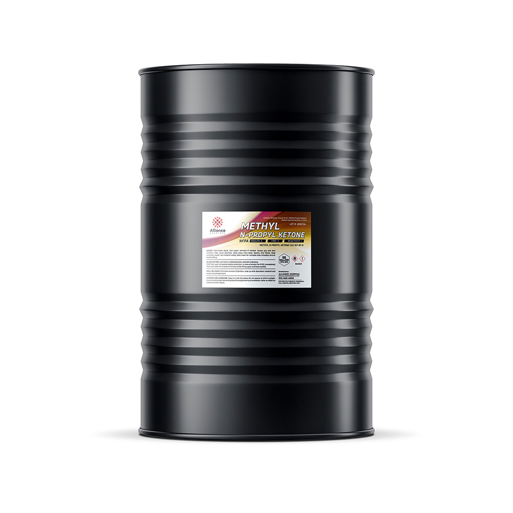 55-gallon black steel drum of Methyl N-Propyl Ketone (MPK) industrial solvent, Alliance Chemical