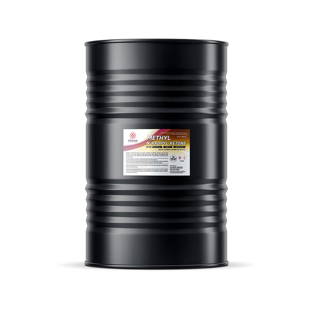 55-gallon black steel drum of Methyl N-Propyl Ketone (MPK) industrial solvent, Alliance Chemical