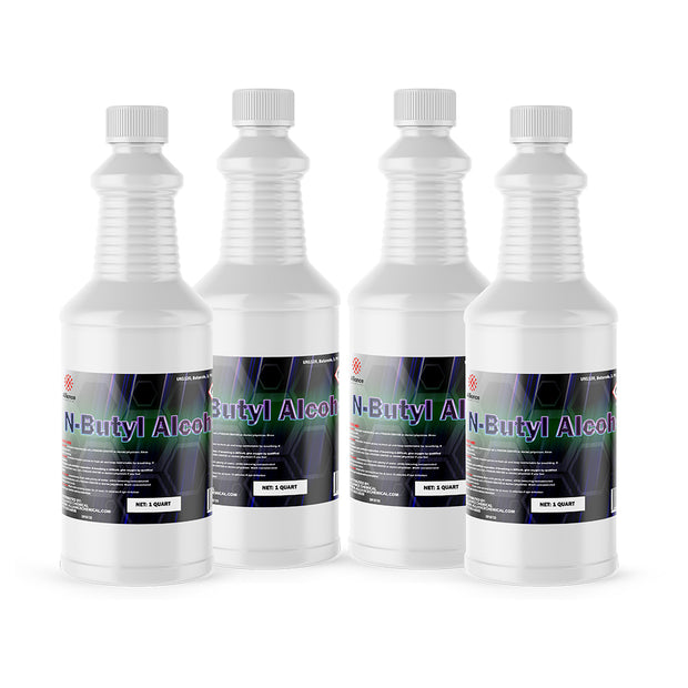 Four 1-quart plastic bottles of Alliance Chemical N-Butyl Alcohol with white screw caps and product labels