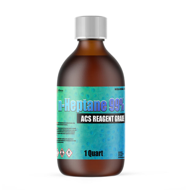 One 1-quart bottle of Alliance Chemical n-Heptane 99% ACS with a ribbed cap and product label.