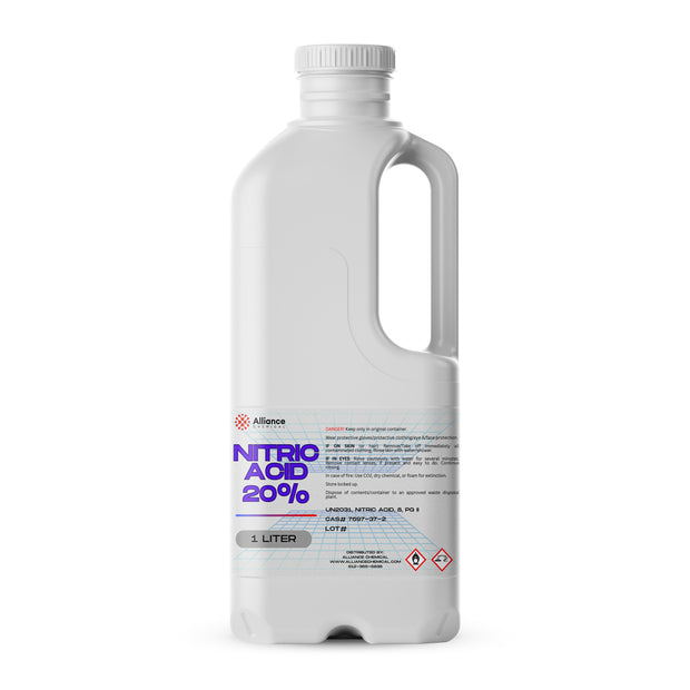 1-liter HDPE bottle of 20% Nitric Acid by Alliance Chemical safety instructions, and CAS identification label