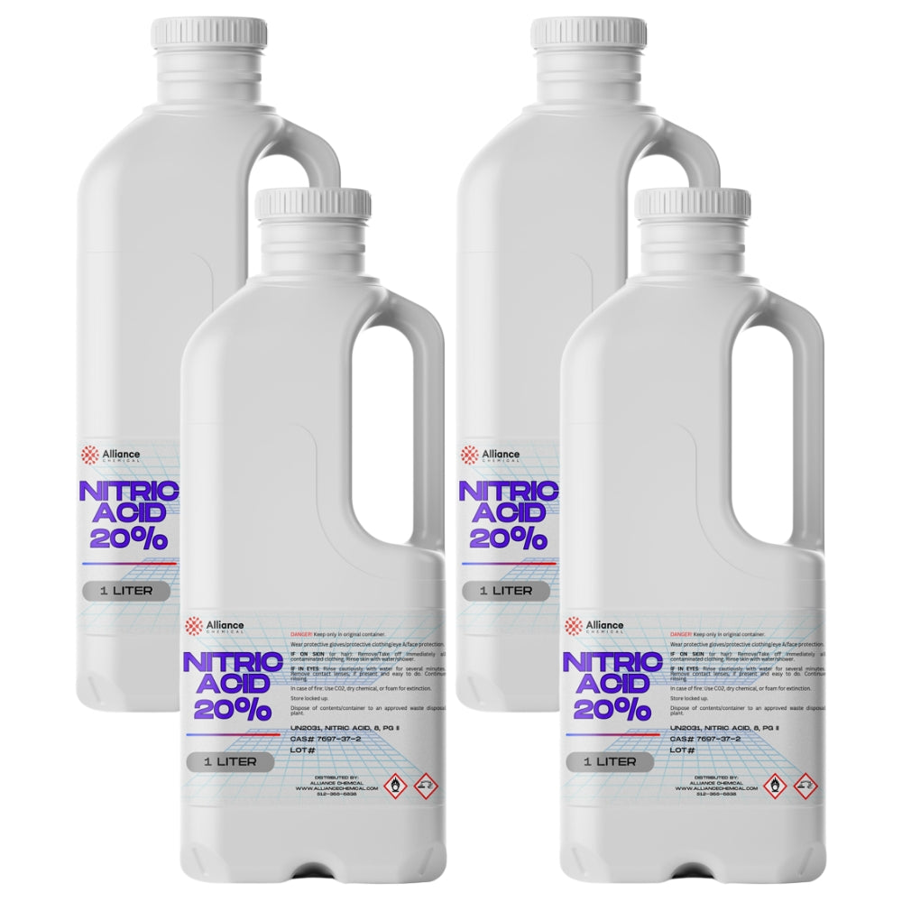 1-liter HDPE bottles of 20% Nitric Acid by Alliance Chemical screw-cap closure, and handle-grip design