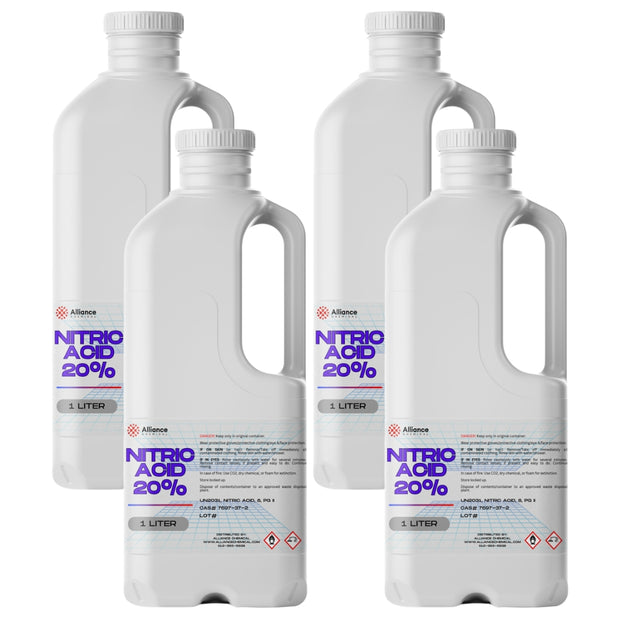 1-liter HDPE bottles of 20% Nitric Acid by Alliance Chemical screw-cap closure, and handle-grip design