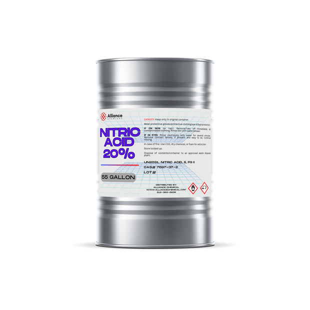 55-gallon steel drum of 20% Nitric Acid by Alliance Chemical safety warnings, and UN2031 classification label