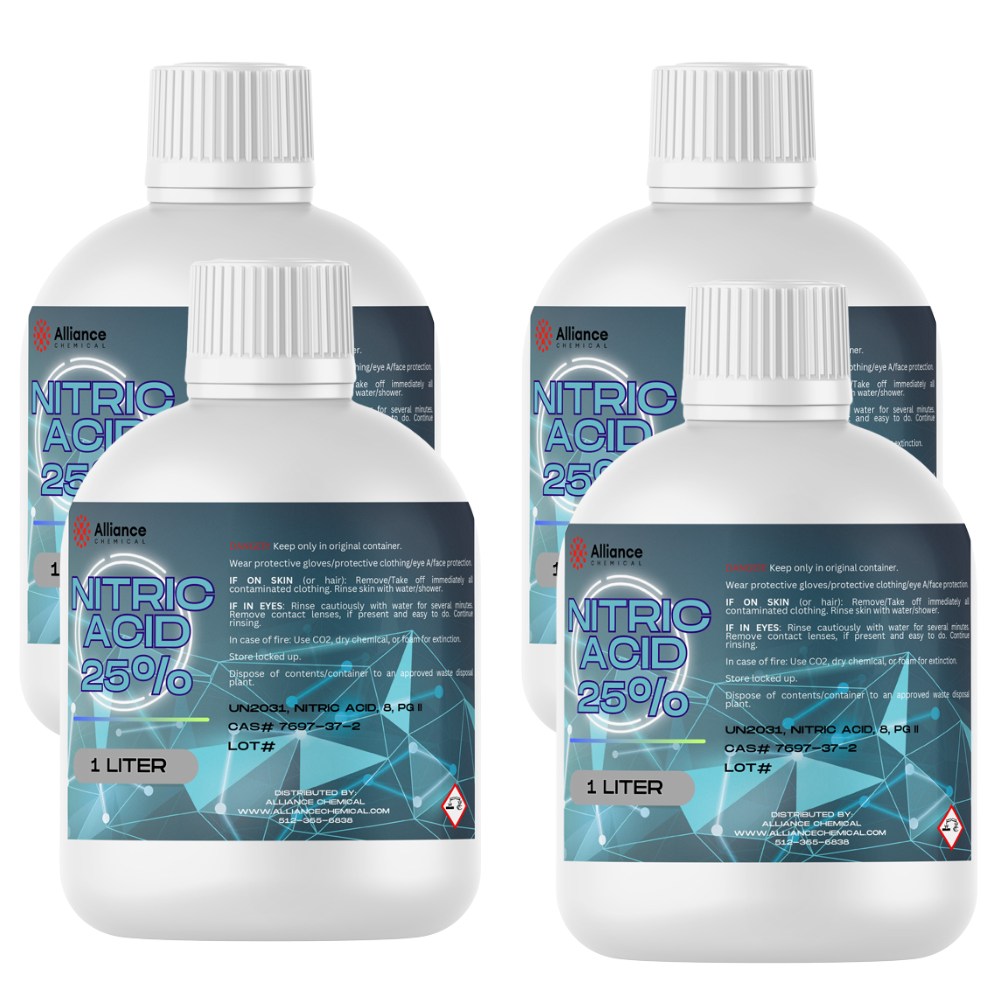 Alliance Chemical 1-Liter bottles of 25% Nitric Acid in HDPE containers UN2031 marking