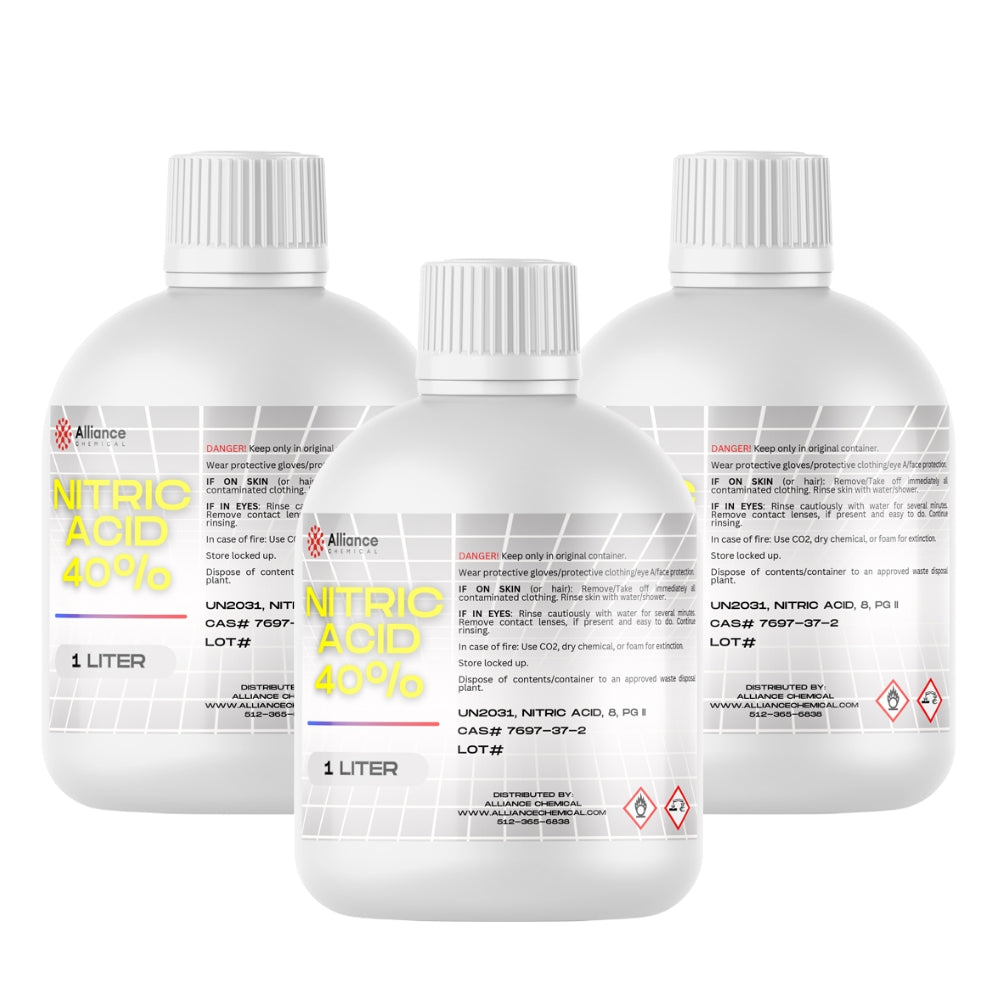 1L bottles (3-pack) of 40% Nitric Acid in HDPE containers with safety caps, hazard warnings and Alliance Chemical labeling