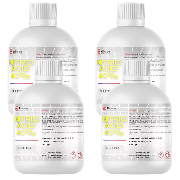 Four 1-liter plastic bottles of Alliance Chemical Nitric Acid 40% with white screw caps and product label.