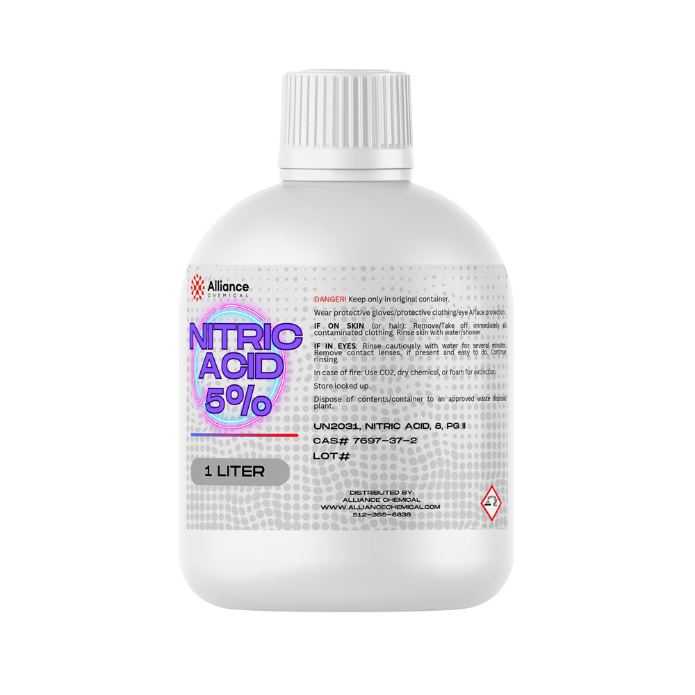 1L HDPE bottle of 5% Nitric Acid by Alliance Chemical CAS#7697-37-2 UN2031 labeling