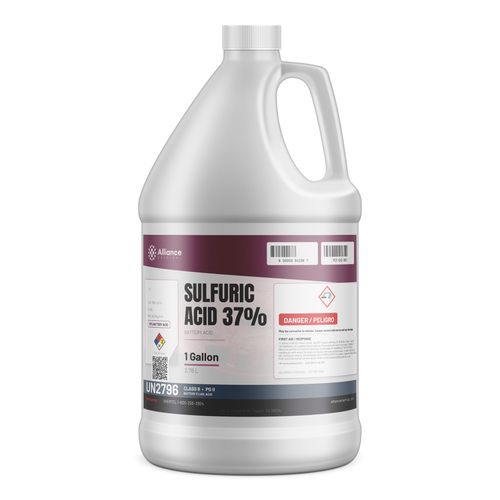 Sulfuric Acid 37% Battery Acid in a 1-gallon plastic jug for battery electrolyte replacement by Alliance Chemical