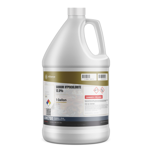Sodium Hypochlorite 12.5% Water Treatment Grade in a 1-gallon plastic jug from Alliance Chemical