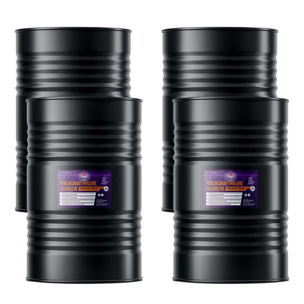 Four 55-gallon steel drums of Alliance Chemical Perchloroethylene (PCE, PERC) with labels.