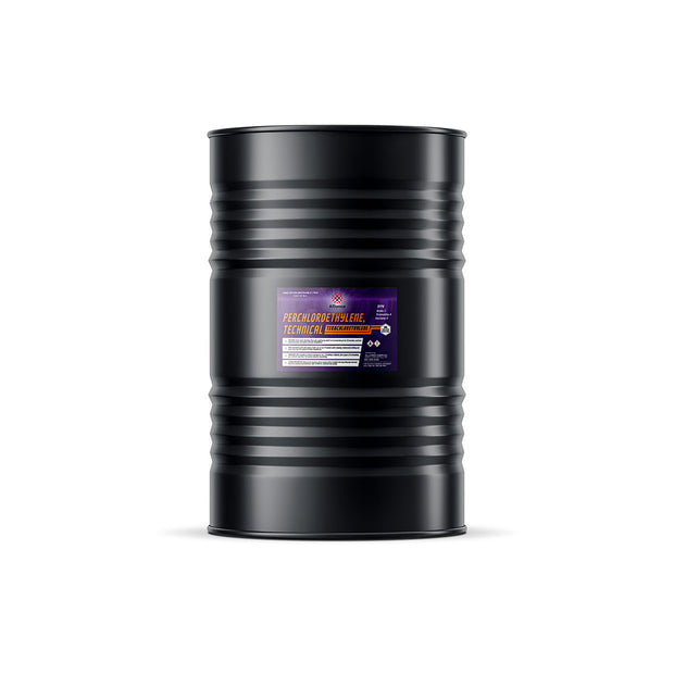1 55-gallon steel drum of Alliance Chemical Perchloroethylene (PCE, PERC) with black finish and product label.