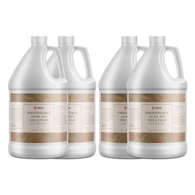 Four 1-gallon HDPE jugs of Alliance Chemical Phosphoric Acid 30% Solution Rust Remover with handles and labels.