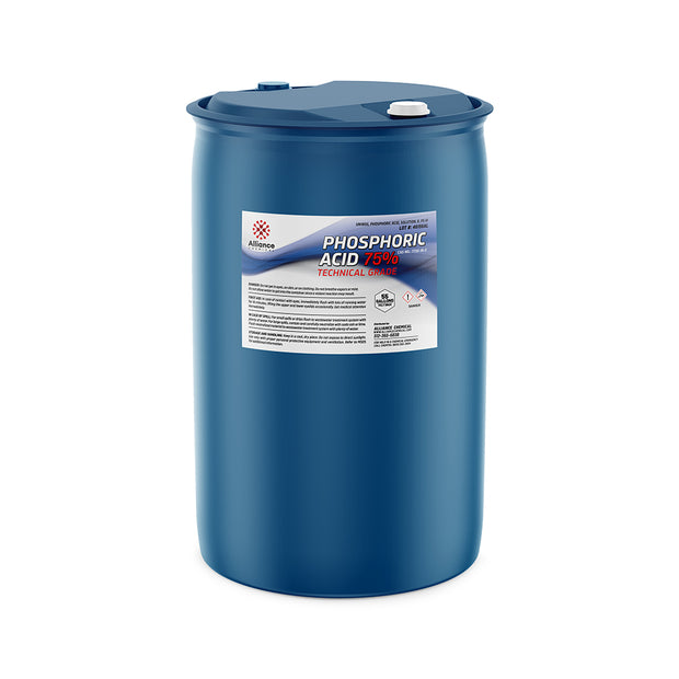 55-gallon blue poly drum of technical-grade 75% Phosphoric Acid with Alliance Chemical label, hazard warnings and secure lid