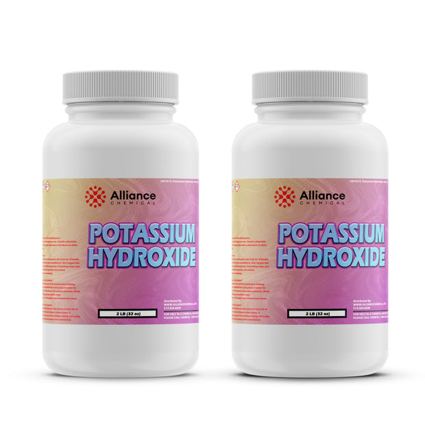 2lb Potassium Hydroxide (KOH) flakes in HDPE bottles Alliance Chemical brand, 32oz twin pack